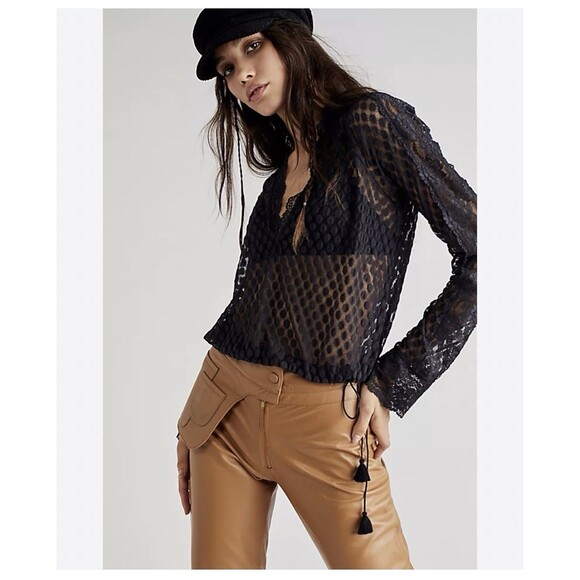 Free People Women’s Size Medium Polka Dot Sheer Veronica Top Black Lace V-neck - Picture 1 of 9
